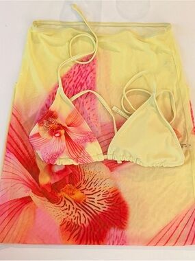 Yellow floral bikini top and mesh skirt